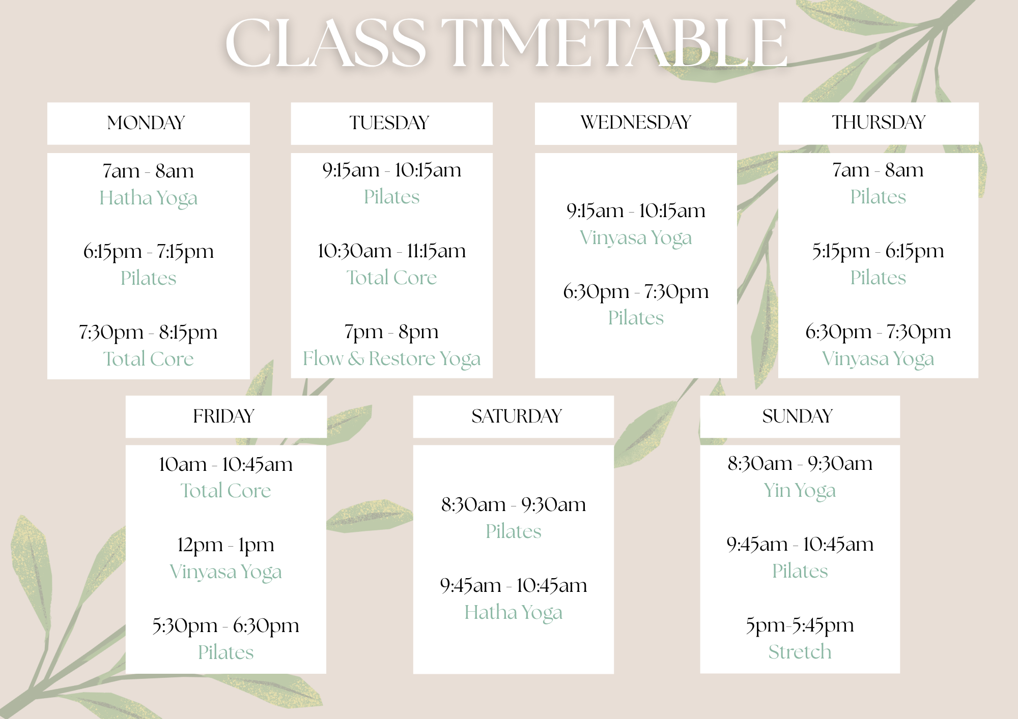 Canopy Yoga Timetable 2026 showing dates and times of classes